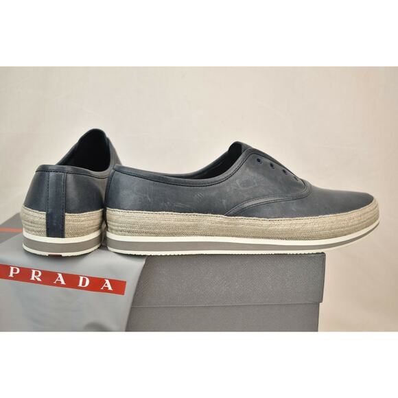 PRADA BALTIC BLUE DISTRESSED LEATHER PLATFORM LACELESS SNEAKERS 8.5 US 9.5 - Picture 4 of 12